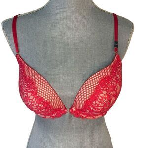 Victoria's Secret Very Sexy‎ Hot Pink Push Up 34DD Bra Fishnet Lace Bling READ